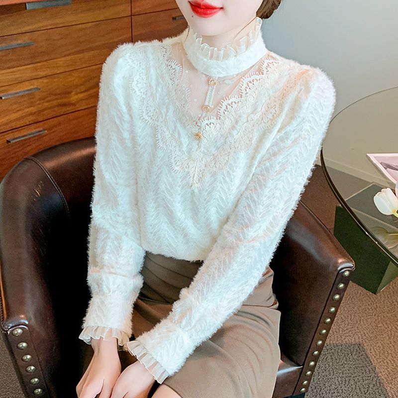 秋冬加絨蕾絲打底衫女立領長袖內搭立領洋氣時尚時髦百搭上衣小衫