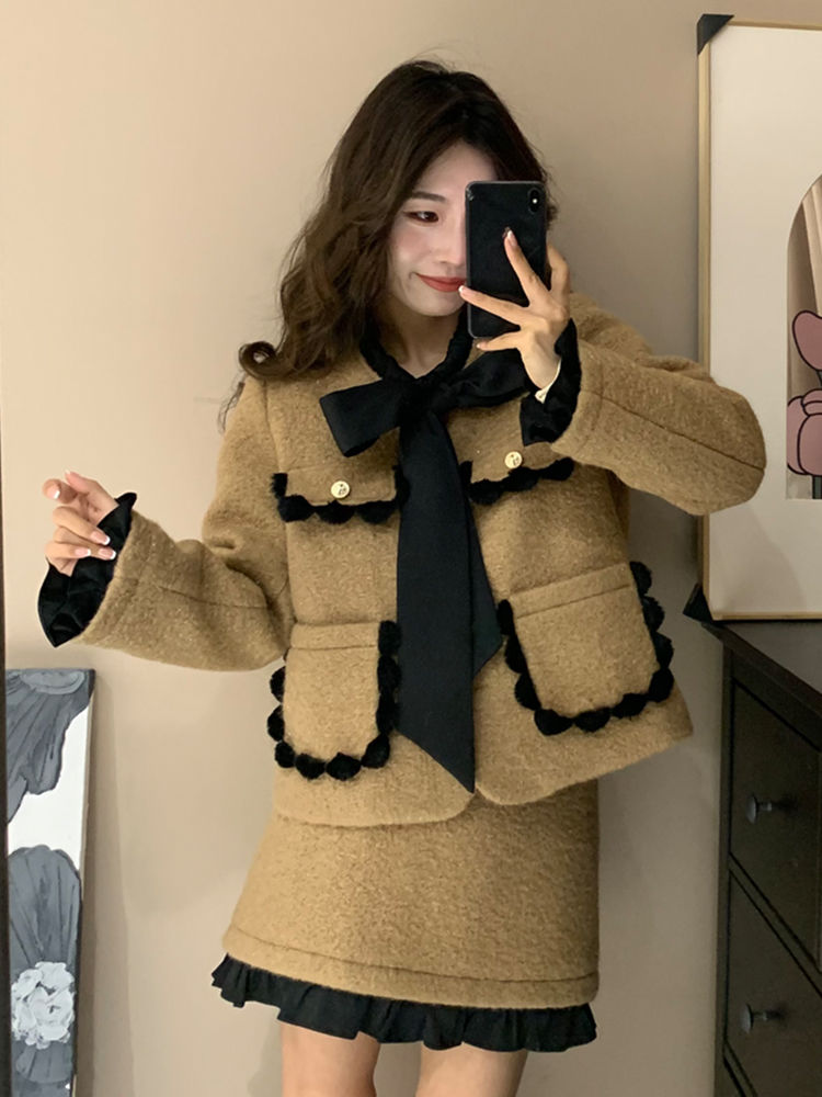 Damen Französischer Winteranzug Little Style Melard Langarmjacke Cardigan Rock Passendes Set_voghion.com