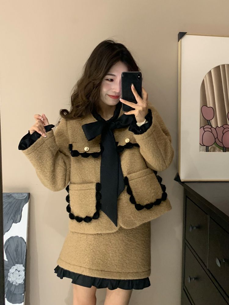 Damen Französischer Winteranzug Little Style Melard Langarmjacke Cardigan Rock Passendes Set_voghion.com