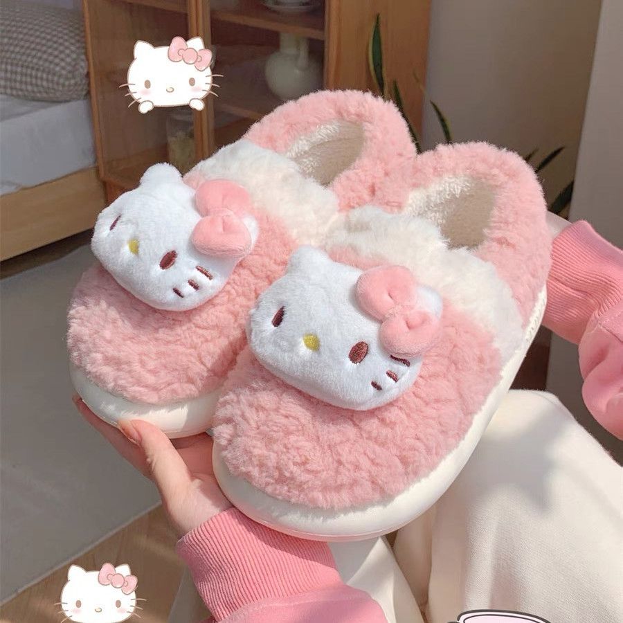 【正版授權】Kitty貓包跟棉拖鞋女款可愛冬季外穿加絨保暖毛拖鞋