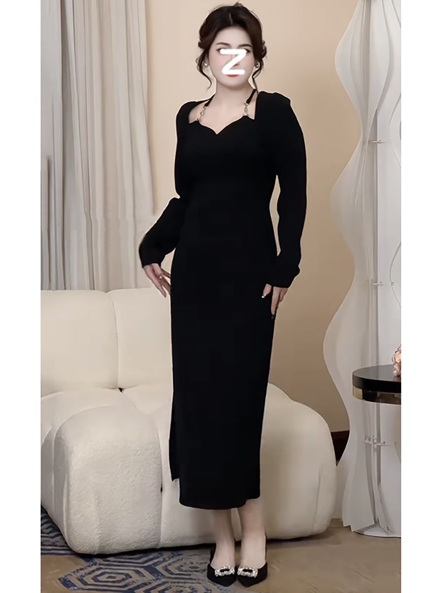 Plus size women's clothing for fat mm, designed with Hepburn style, French square collar, chain waist dress, autumn temperament, slimming