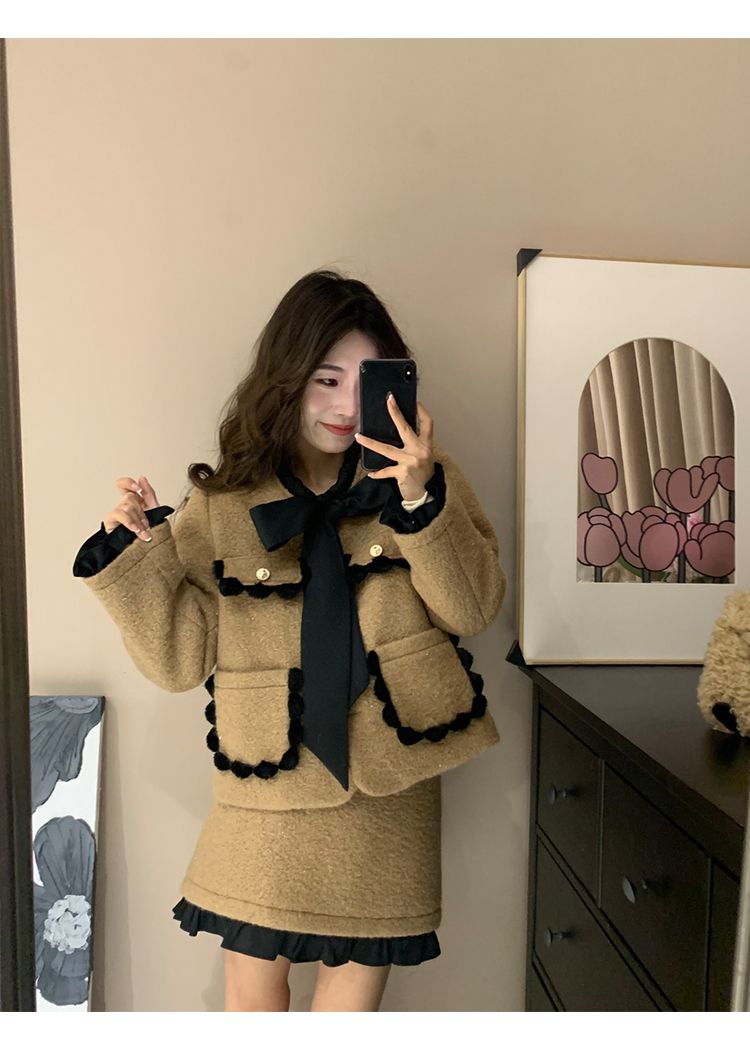 Damen Französischer Winteranzug Little Style Melard Langarmjacke Cardigan Rock Passendes Set_voghion.com