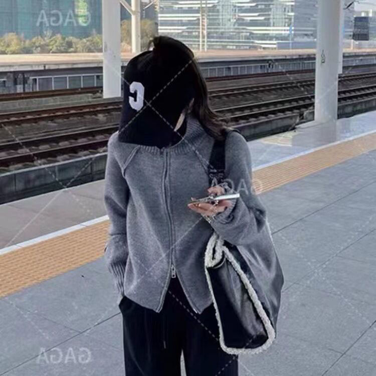 雙向拉鏈針織開衫外套秋冬高級灰炸街別致立領毛衣女配衛褲的上衣