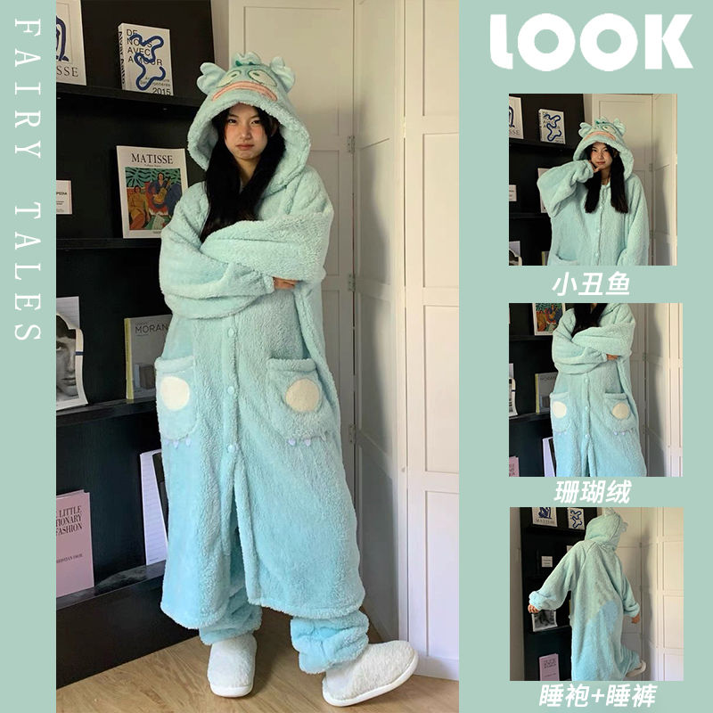 Coral velvet ugly fish pajamas for women winter plus velvet thickened warm flannel long pajamas popular home wear set