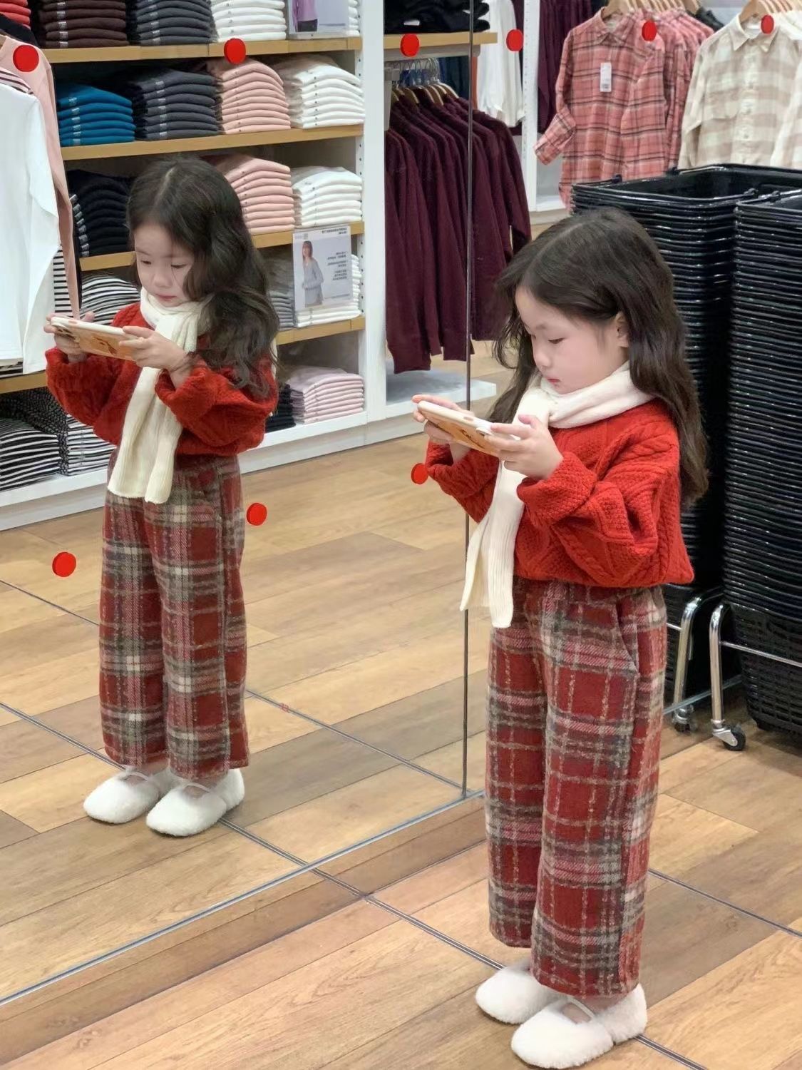 Children's Christmas pants boys and girls wide-leg pants thin woolen plaid pants baby straight pants casual pants