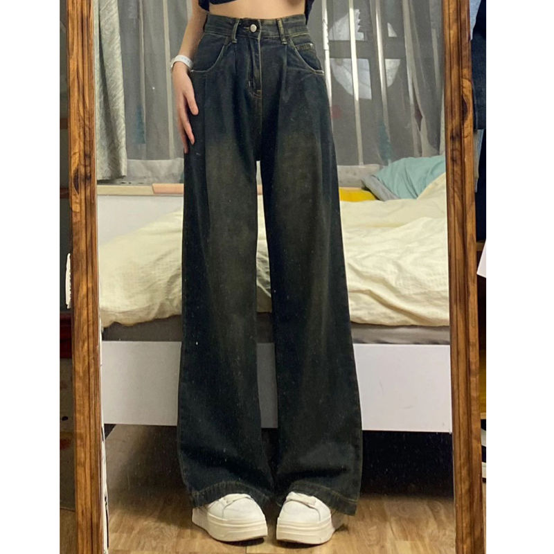 復古做舊褶皺高腰闊腿牛仔褲女小個子辣妹直筒顯瘦垂感拖地長褲潮