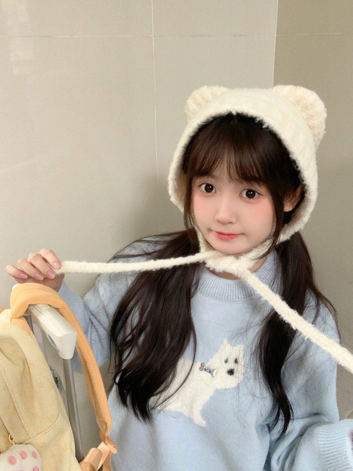 秋冬新款甜美可愛卡通小狗印花毛絨針織長袖保暖家居休閒服毛衣女