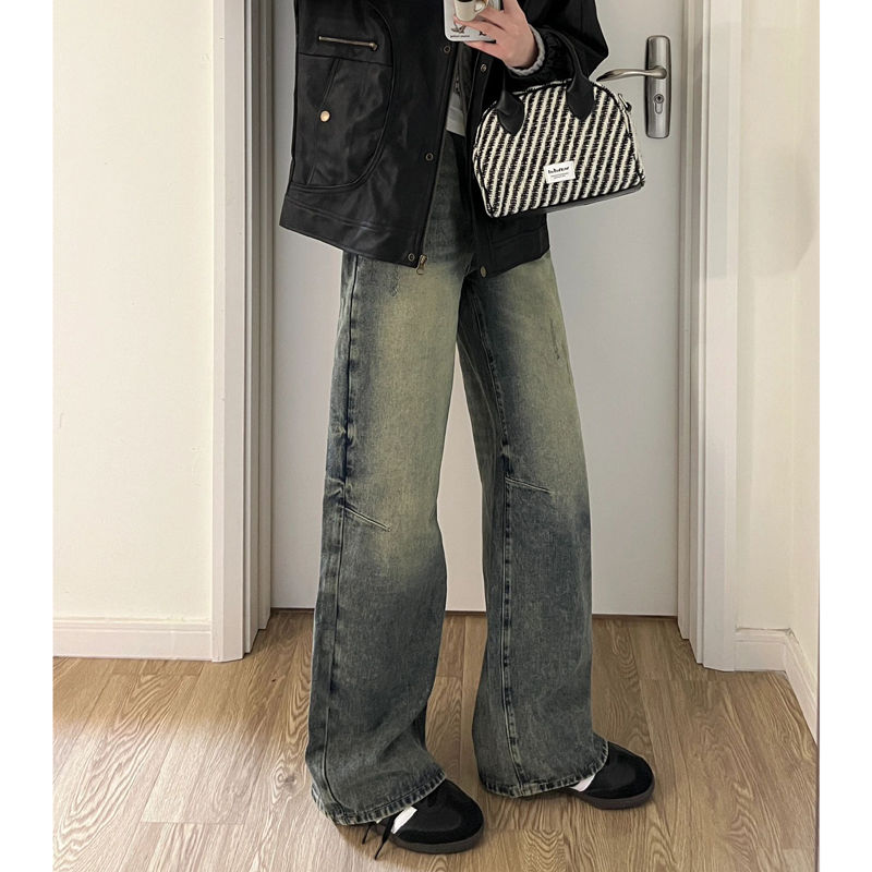 美式復古做舊牛仔褲女小個子寬鬆高腰顯瘦直筒顯高修身百搭闊腿褲