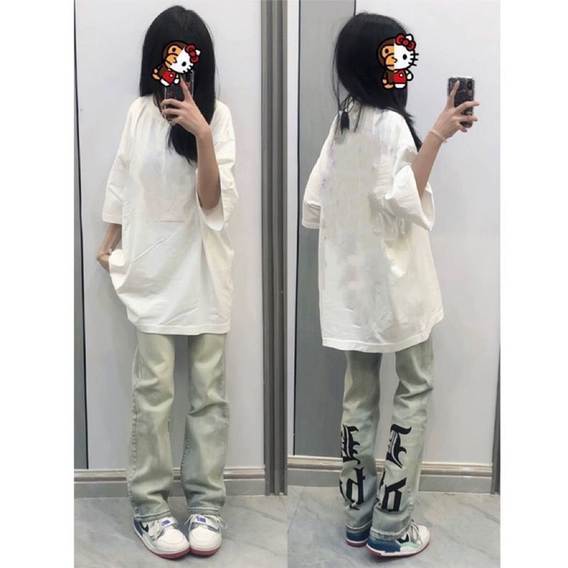 美式街頭黃泥染牛仔褲男女ins潮水洗做舊印花直筒寬鬆顯瘦長褲子