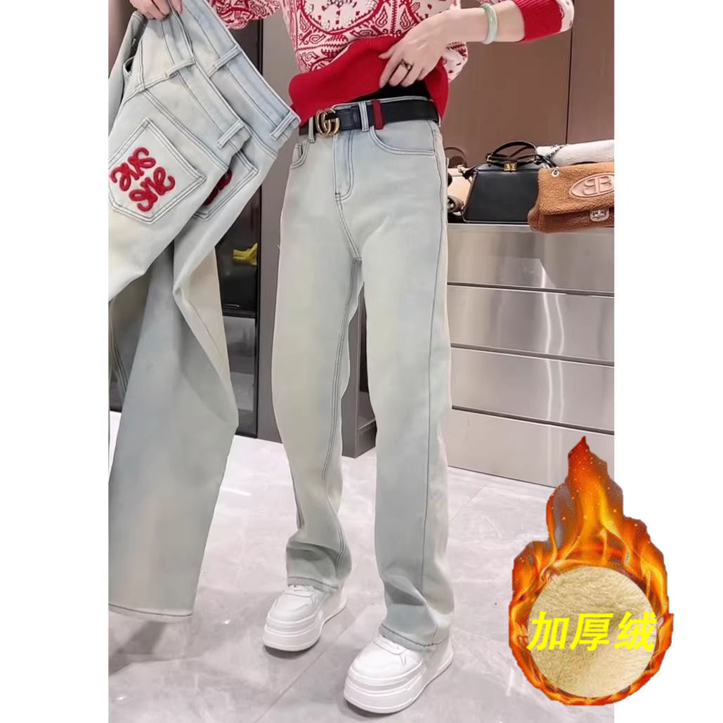 窄版加絨加厚直筒牛仔褲女2023年秋冬新款高腰寬鬆顯瘦闊腿長褲子