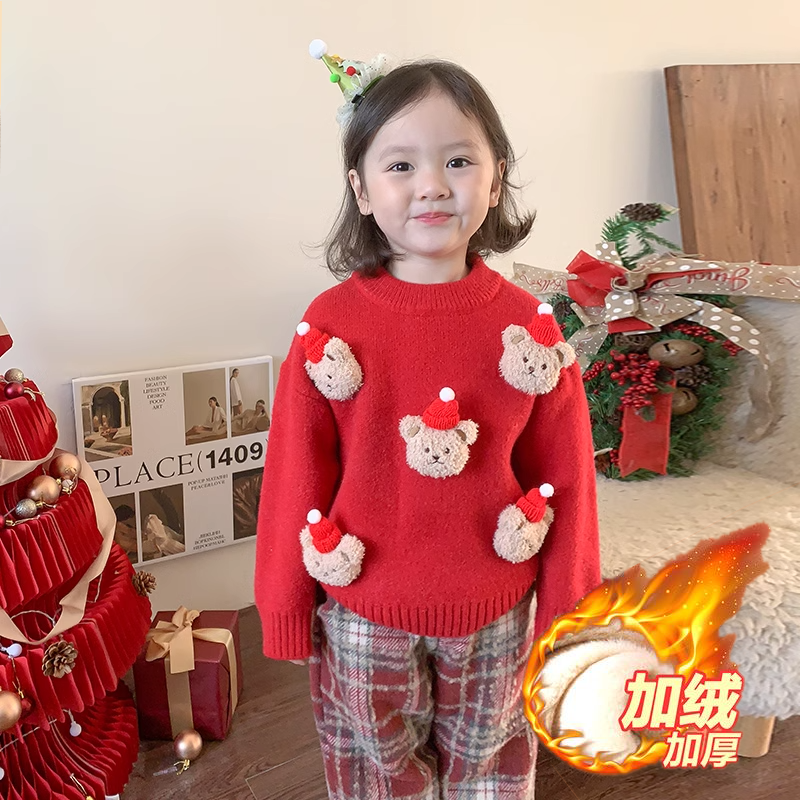 Girls Sweater Autumn and Winter 2023 New Style Winter Baby Winter New Year Thickened Children's Christmas Sweater