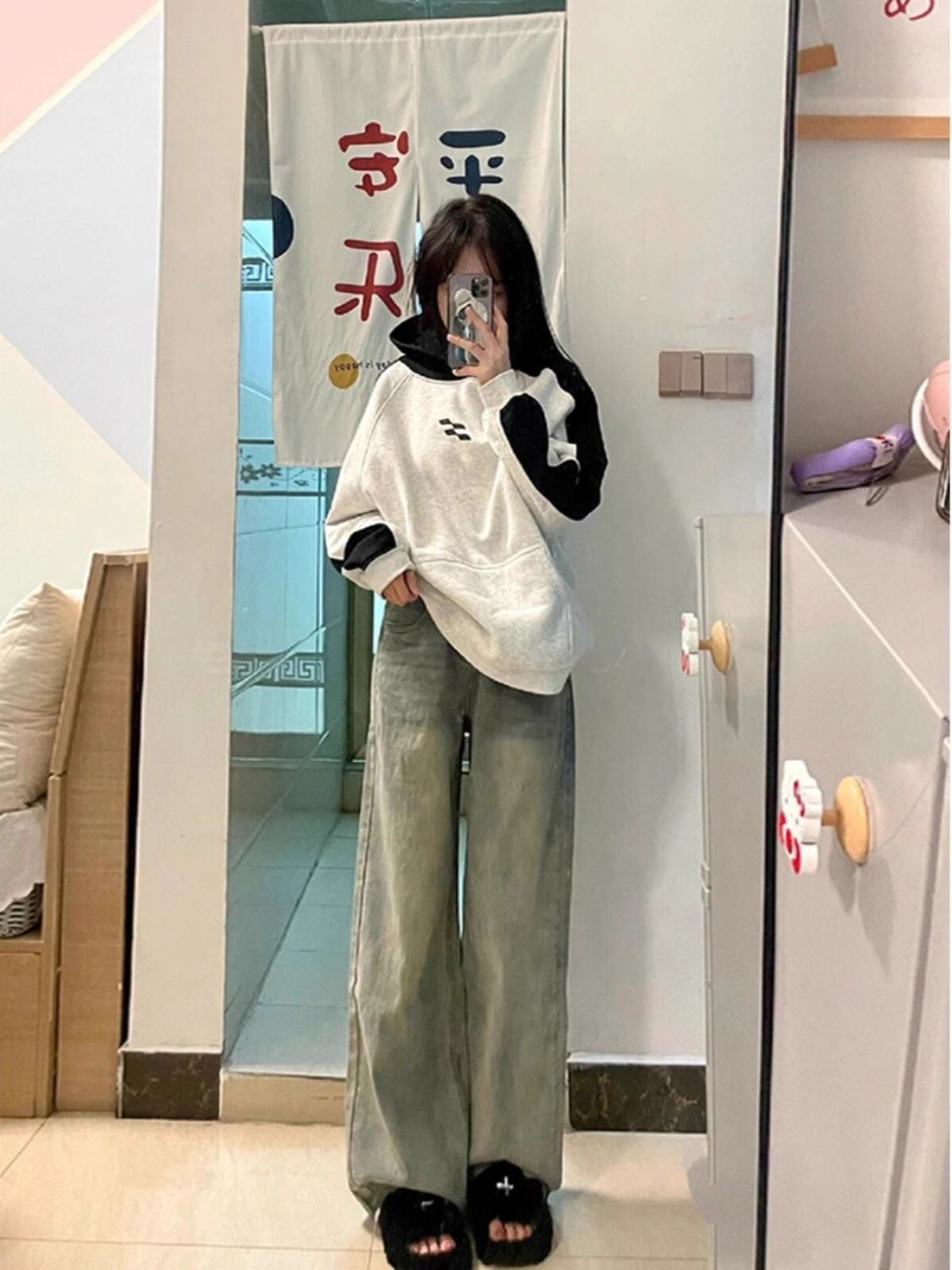 復古做舊水洗高腰毛邊直筒牛仔褲秋冬新款寬鬆顯瘦垂感闊腿長褲子