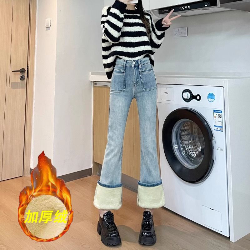 淺藍色加絨加厚微喇牛仔褲女2023秋冬新款高腰顯瘦小個子喇叭長褲