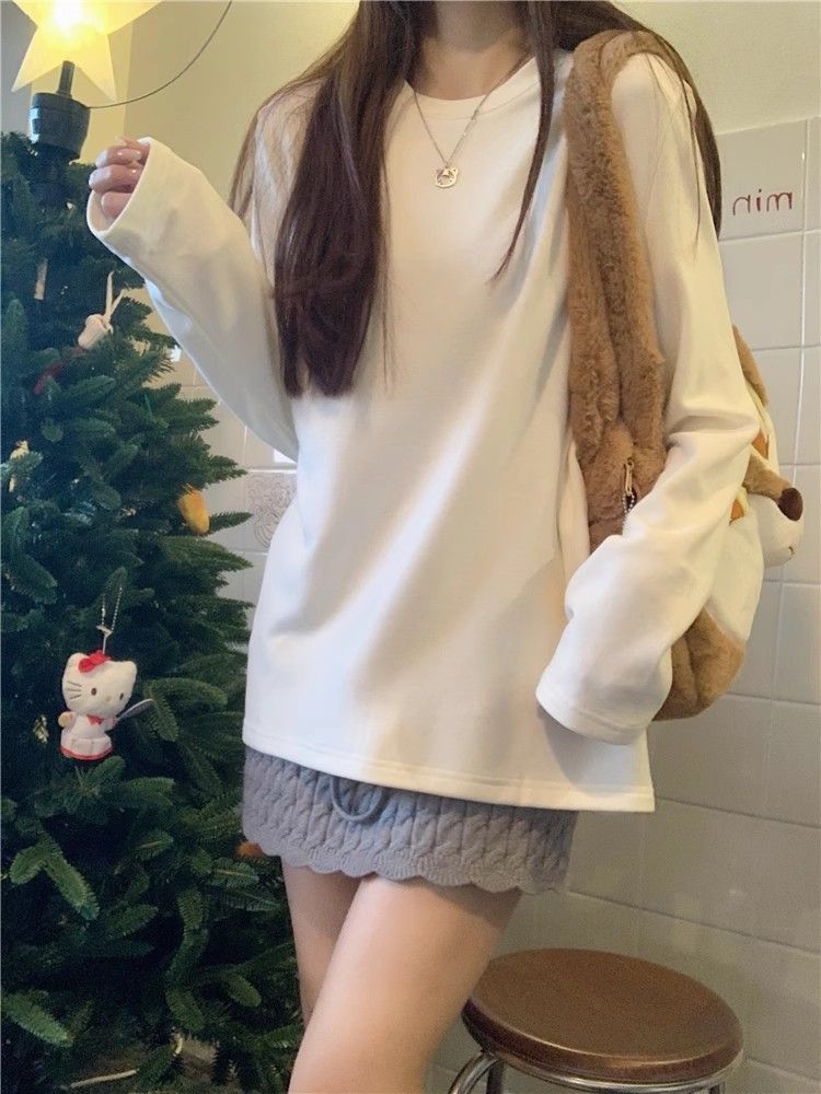 100%純棉純色秋裝新款韓版學生寬鬆長袖t恤女ins體恤衫上衣韓版