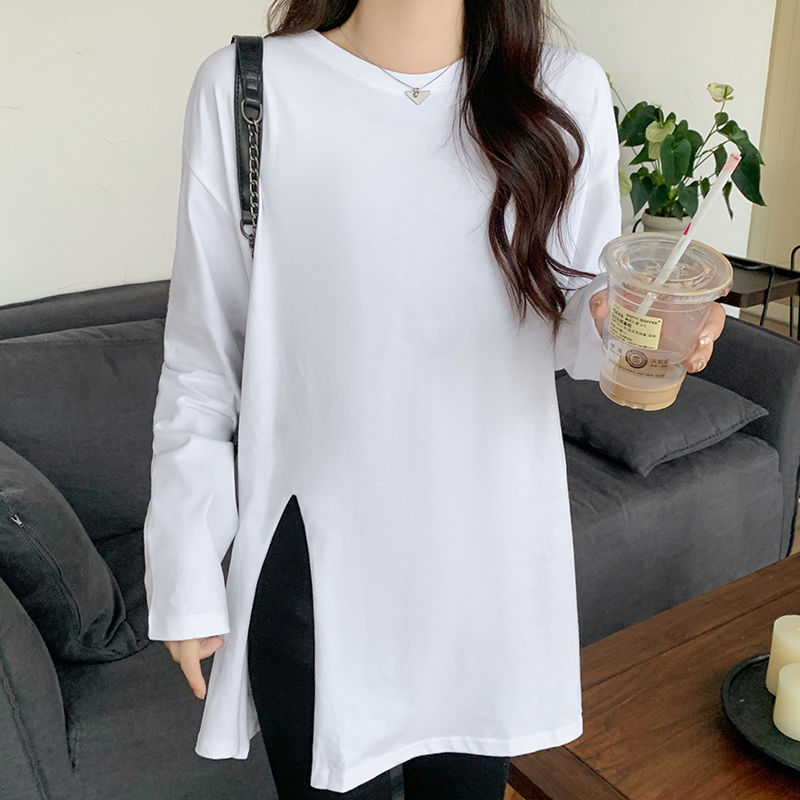 白色開叉t恤上衣女春秋季2023新款寬鬆顯瘦大碼設計感小眾上衣潮