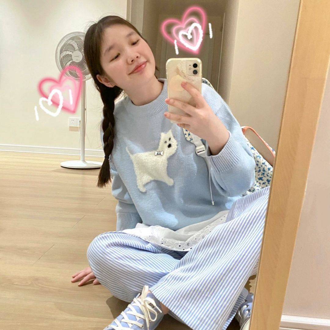 秋冬爆款寬鬆軟糯文藝清新仿水貂毛小狗提花奶藍針織衫圓領毛衣女