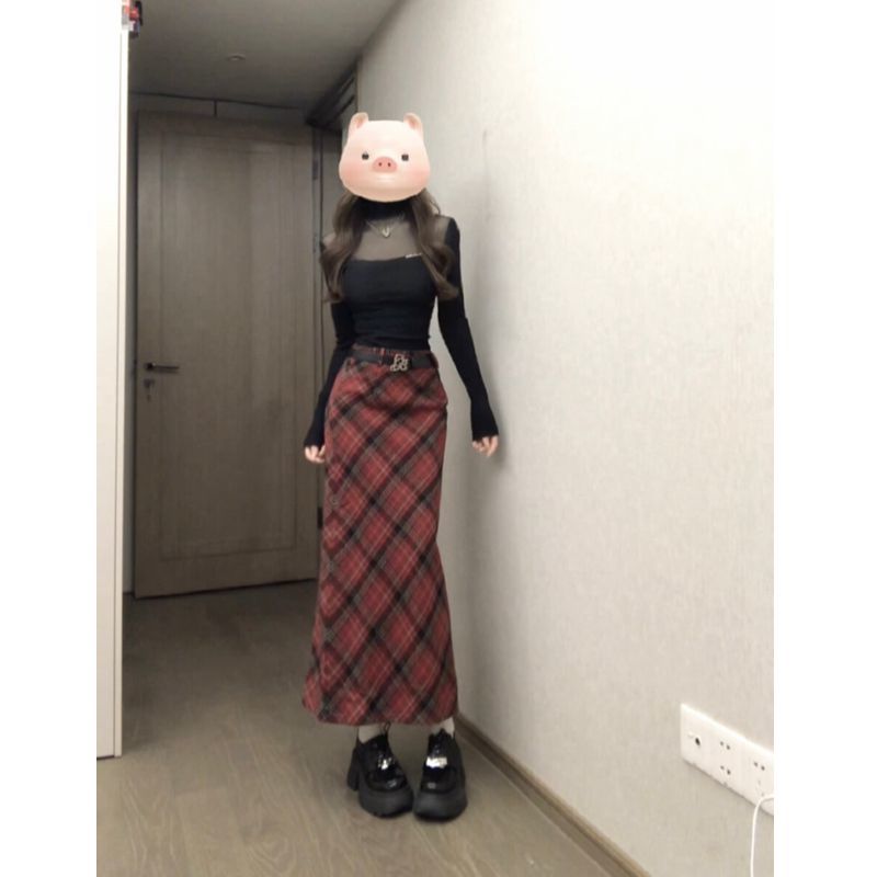 套裝女2023秋冬新款純欲黑色蕾絲打底衫上衣高腰格紋半身裙兩件套