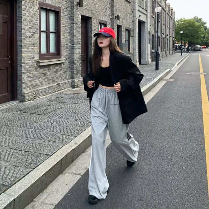 High-waist striped casual sports pants for women autumn 2023 new loose straight drape versatile trousers for small people