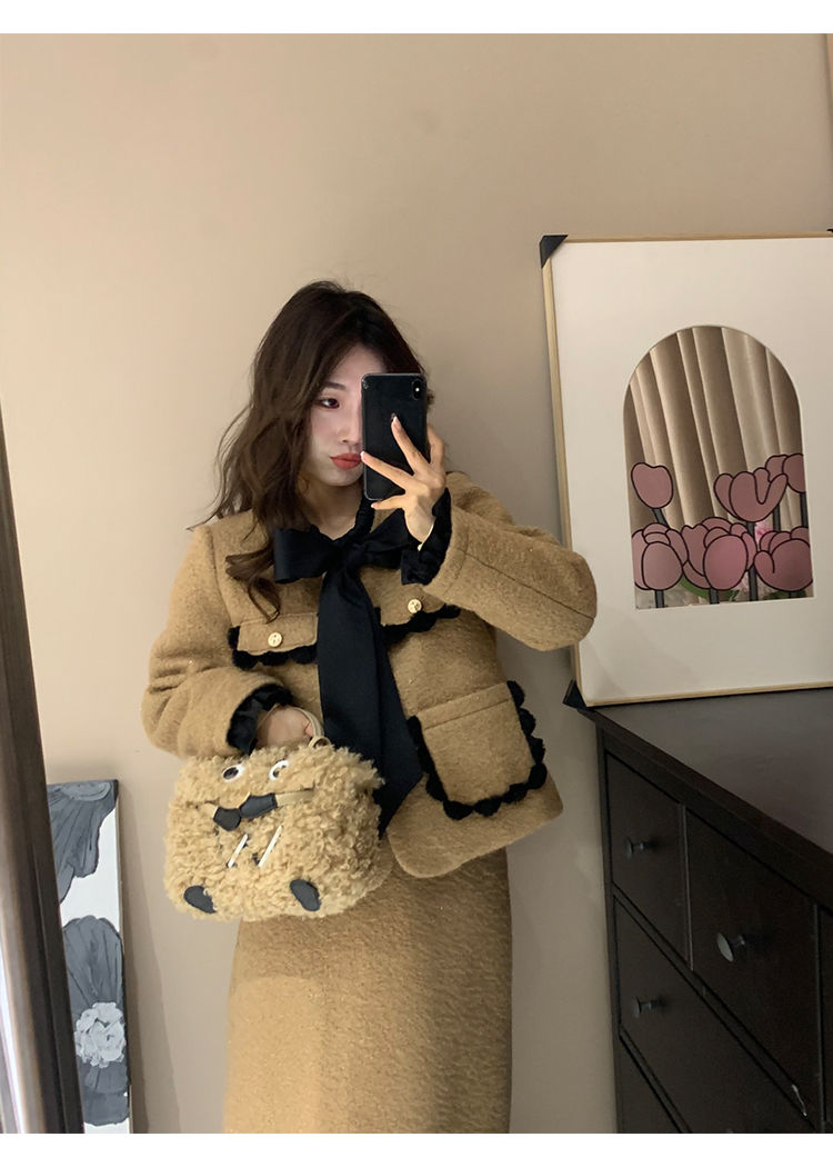 Damen Französischer Winteranzug Little Style Melard Langarmjacke Cardigan Rock Passendes Set_voghion.com