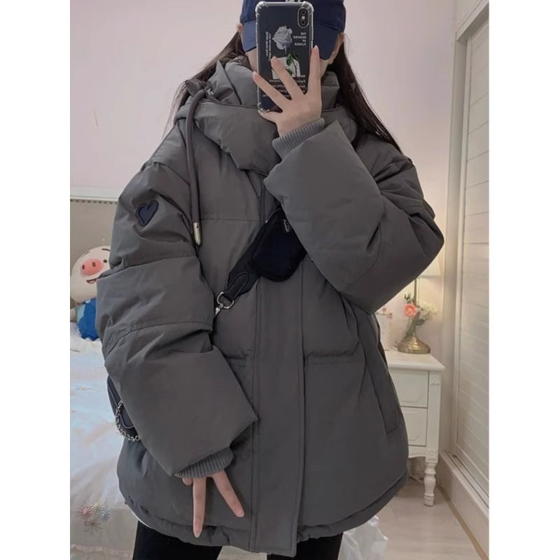 灰色加厚棉服女2023新款冬季韓版保暖棉衣寬鬆小個子連帽外套棉襖