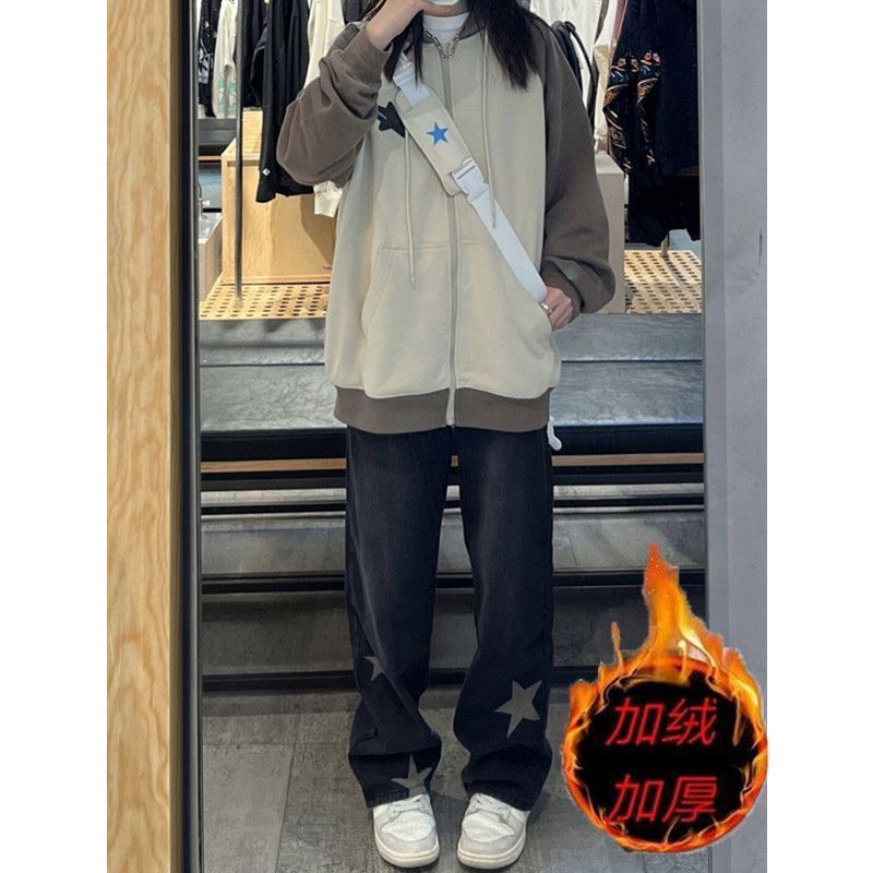 加絨加厚高街黑色牛仔褲女冬季百搭高腰寬鬆顯瘦星星直筒闊腿褲子