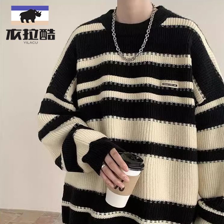 學生男黑白條紋圓領毛衣秋冬日系復古加厚外套潮寬鬆慵懶風針織衫