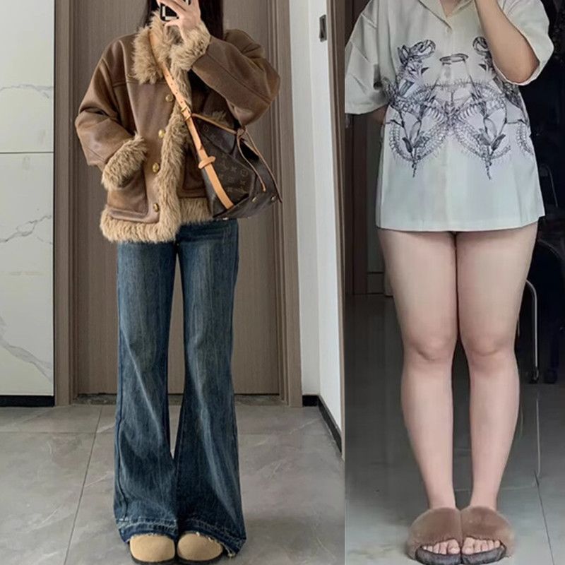 大碼胖mm復古微喇叭牛仔褲女春秋新款美式高腰顯瘦闊腿拖地褲子潮