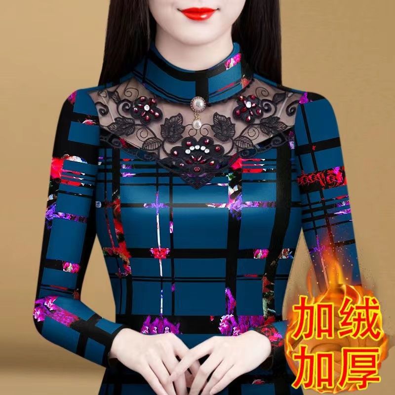 Middle-aged and elderly velvet bottoming long-sleeved half-high collar one-piece double-sided German velvet new warm top style printed beaded T-shirt