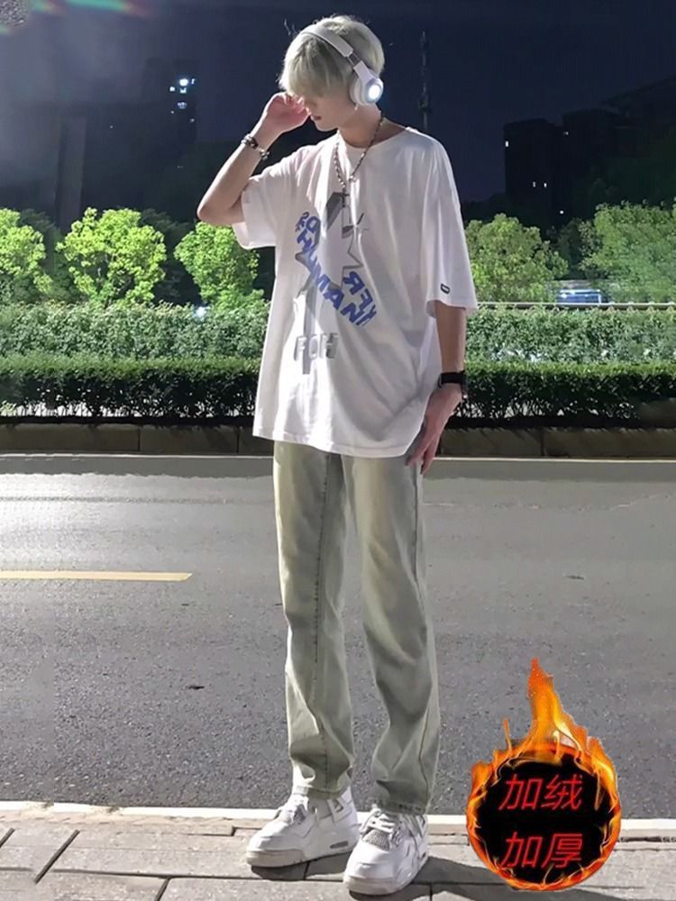 加絨加厚款美式復古黃泥色牛仔褲男女ins潮牌高街寬鬆休閒直筒褲