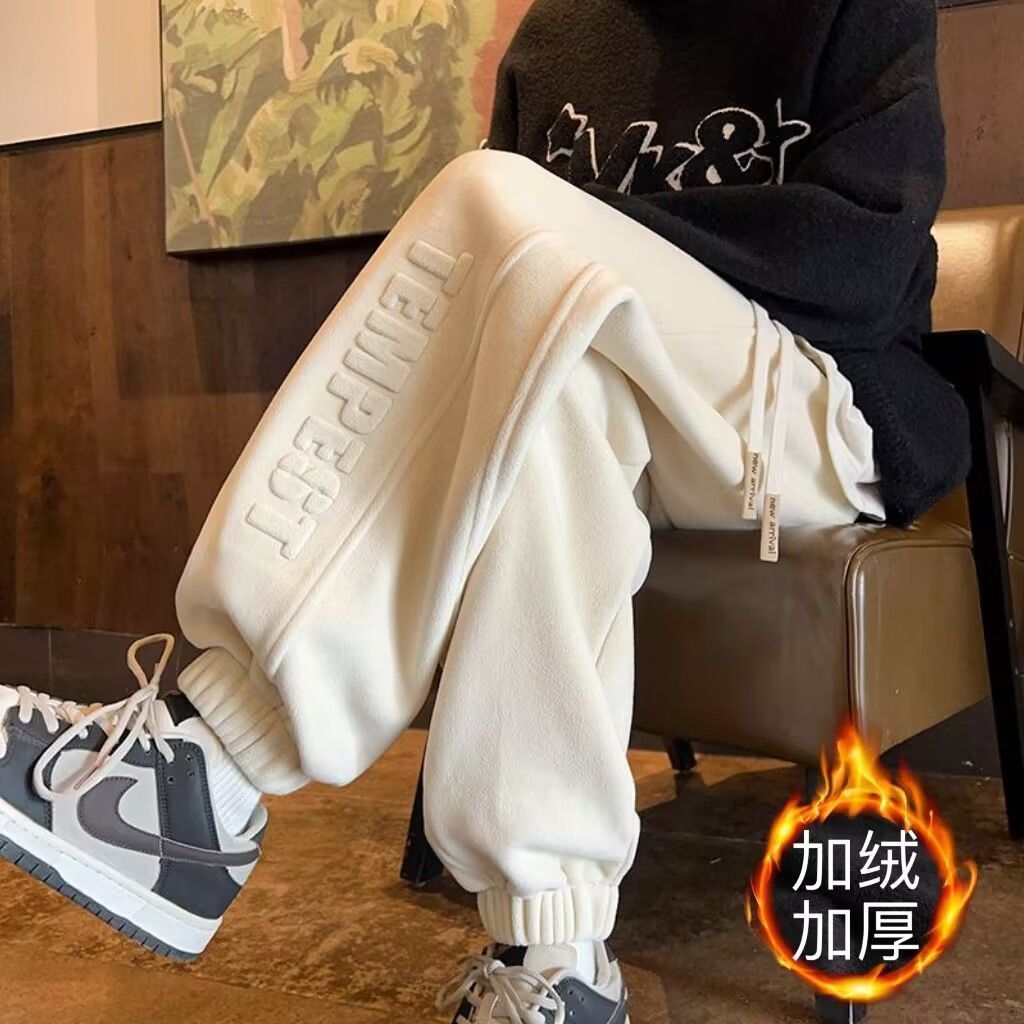 萬梵度褲子男秋冬加絨加厚青春潮流美式街頭寬鬆休閒褲潮牌束腳褲