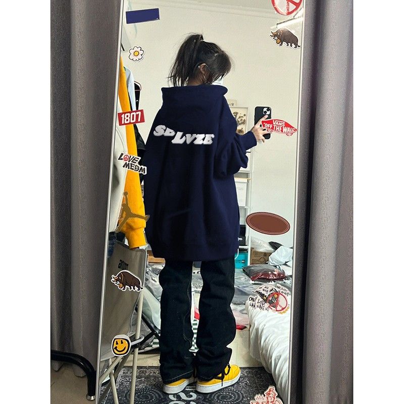 美式前後字母印花連帽衛衣女2023新款秋冬季加絨加厚長袖寬鬆上衣