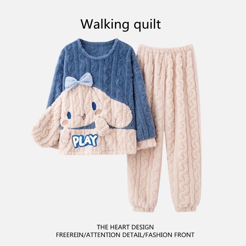 睡衣女秋冬季款珊瑚絨新款可愛卡通玉桂狗網紅加絨加厚家居服套裝