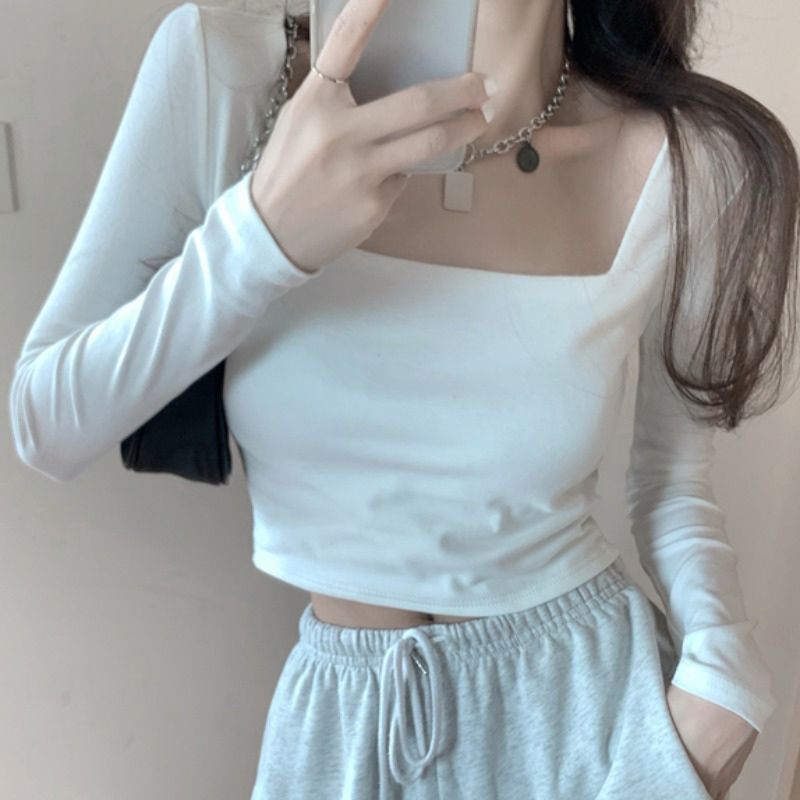 方領別致打底衫女2023春秋新款長袖內搭高腰短款露臍上衣t恤ins潮
