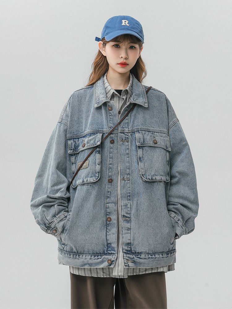American retro denim jacket for women spring and autumn loose bf style chic Hong Kong style versatile student workwear jacket trendy top