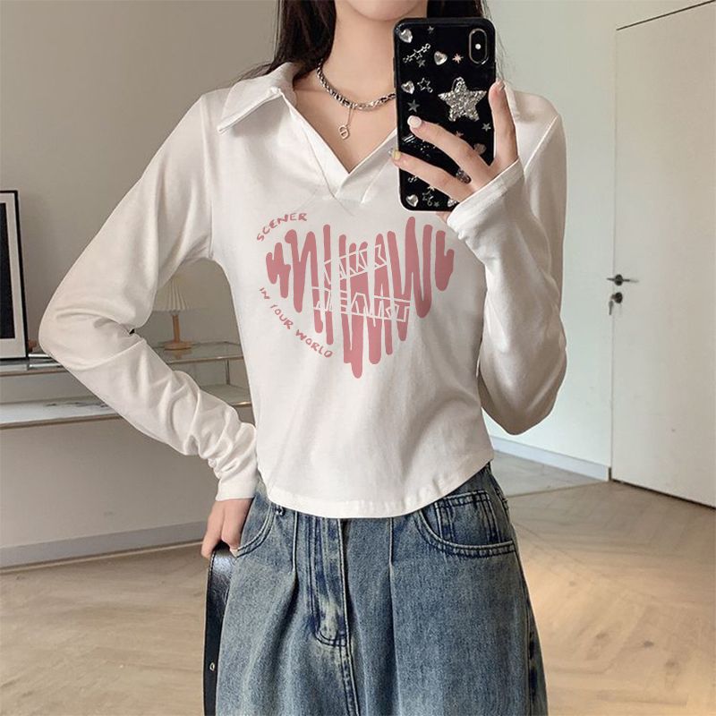 polo領T恤女長袖短款修身設計感春秋新款打底衫不規則正肩上衣ins