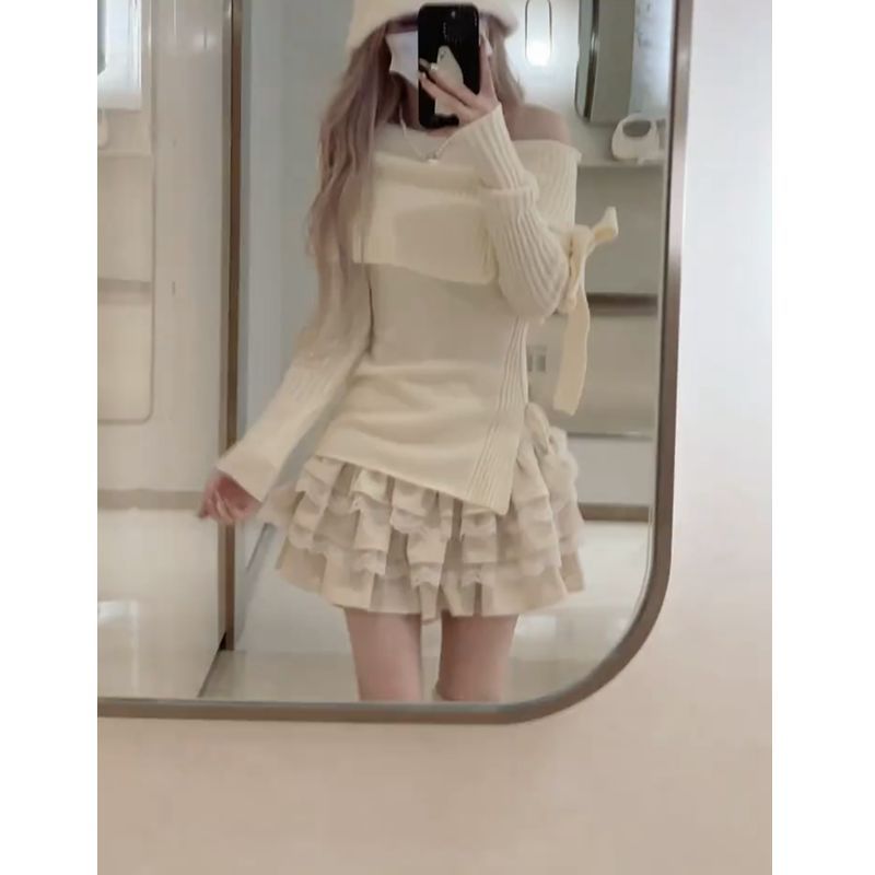 套裝女2023秋冬新款純欲一字肩修身蝴蝶結毛衣高腰蓬蓬蛋糕半身裙