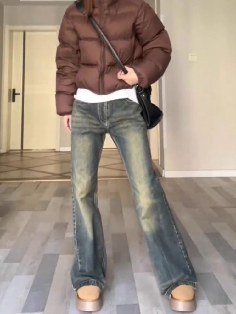 設計感做舊復古闊腿牛仔褲女秋冬季新款高腰寬鬆顯瘦直筒拖地褲子