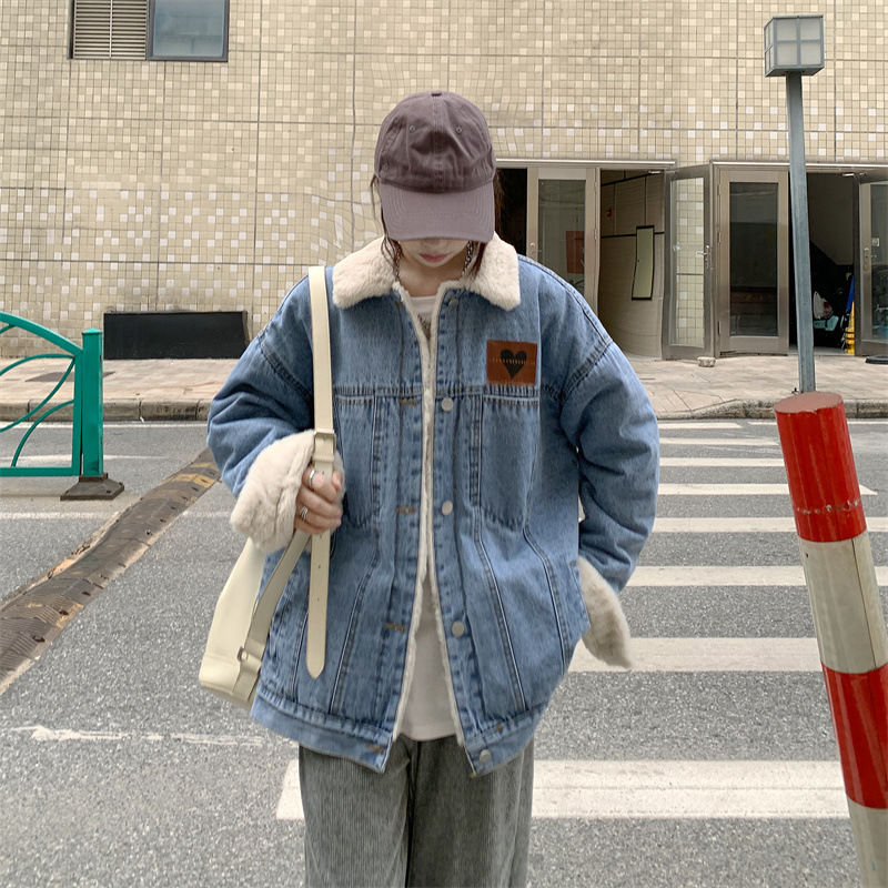 加絨加厚復古純色牛仔外套女冬2023年 上衣時尚爆款加絨棉服ins潮