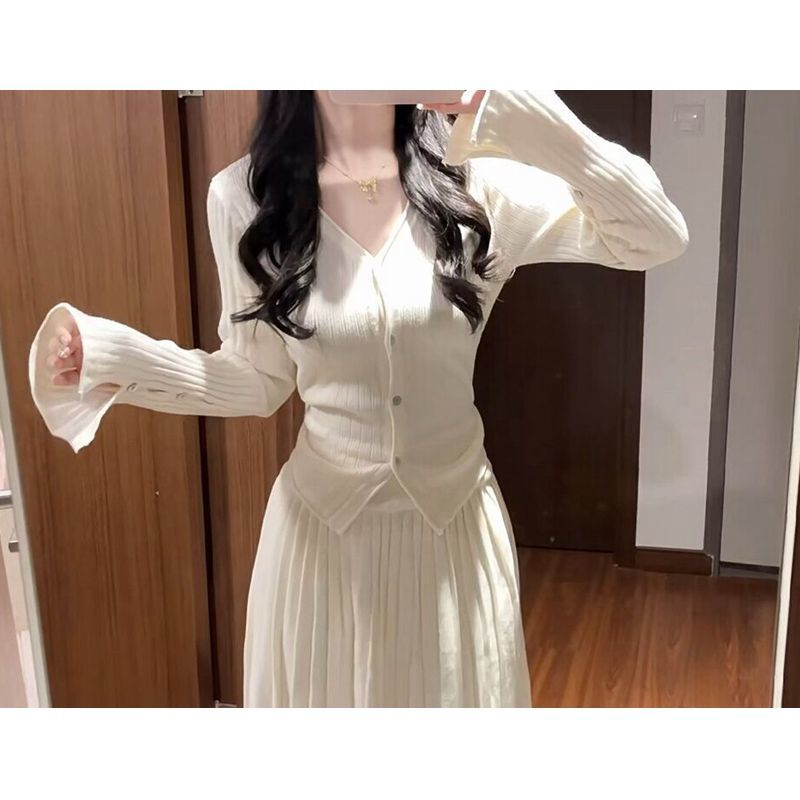 修身v領長袖針織開衫上衣女秋冬季韓系溫柔套裝百褶半身裙兩件套