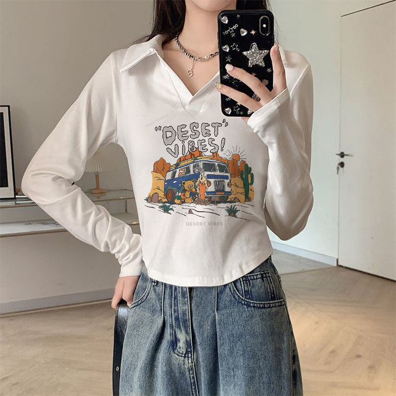 polo領純欲風長袖T恤女新款早秋設計感小眾修身顯瘦短款辣妹上衣