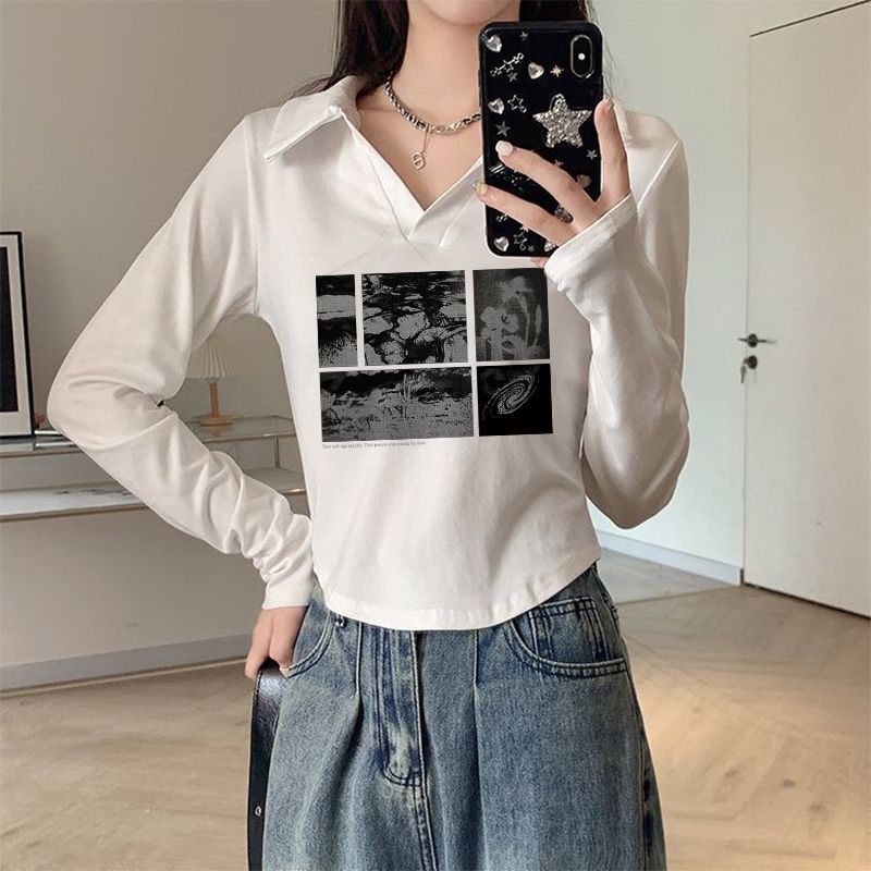 polo領T恤女長袖短款修身設計感春秋新款打底衫不規則正肩上衣ins