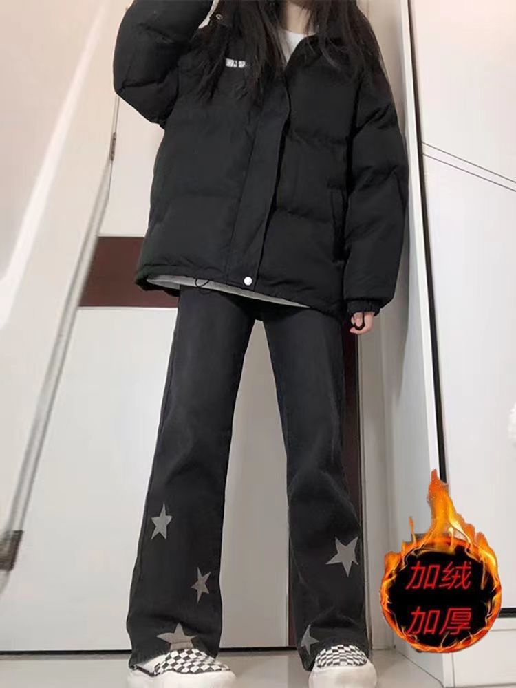 加絨加厚黑色闊腿牛仔褲女秋季新款高腰寬鬆遮肉顯瘦百搭拖地長褲