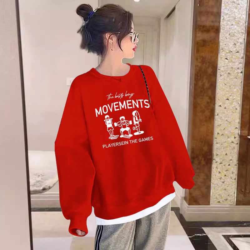 紅色圓領印花衛衣女潮牌2024年秋季新款薄款外套寬鬆潮流百搭上衣