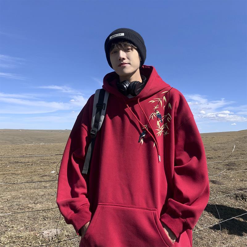 萬梵度酒紅色新中式國風衛衣男高級感加絨加厚連帽情侶裝外套潮牌