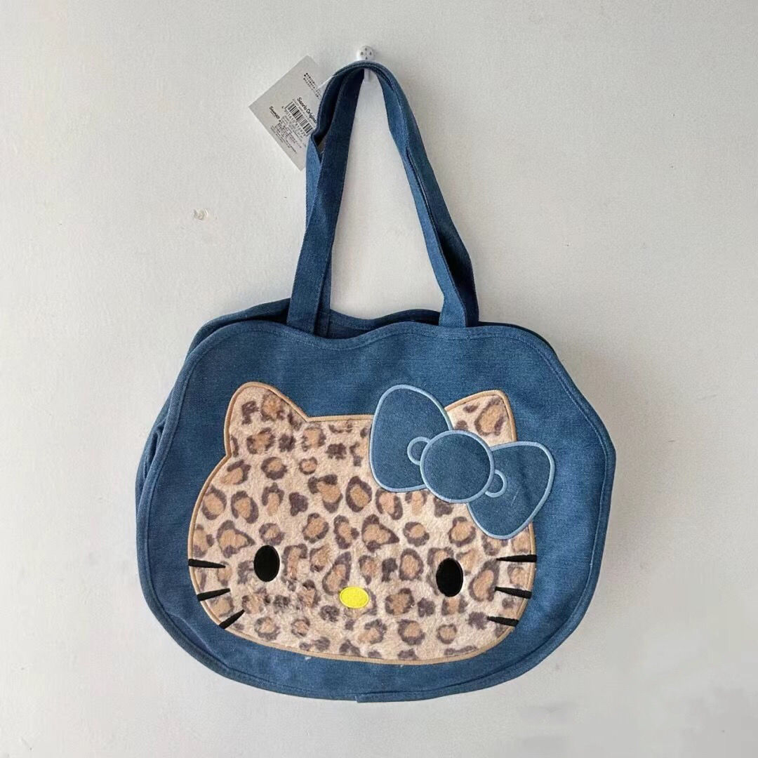 三麗鷗hello Kitty復古牛仔豹紋中古單肩包手提包女大容量手拎包