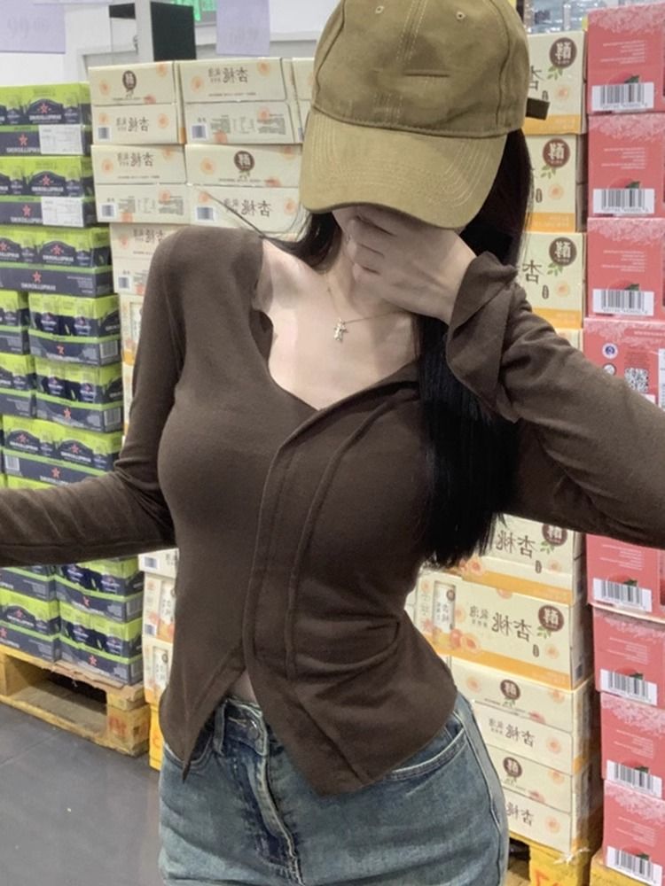 純欲新款秋冬季美拉德不規則開叉自發熱保暖上衣內搭打底衫女ins