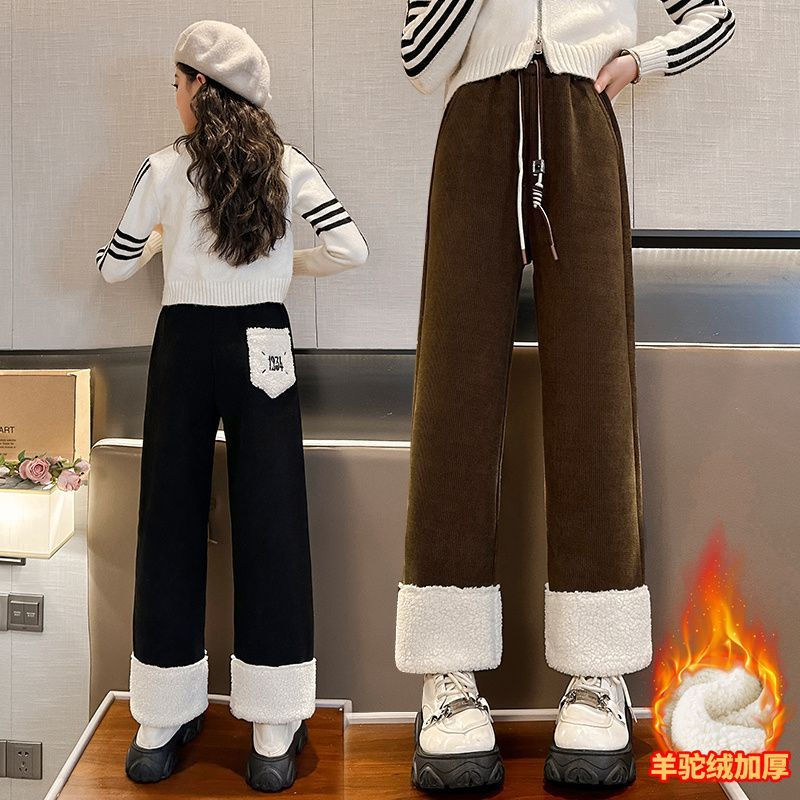 女童冬裝加絨褲子2023新款女大童加厚闊腿褲兒童秋冬季一體絨長褲