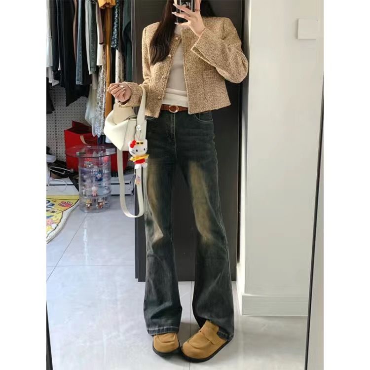 美拉德175加長微喇牛仔褲女秋冬新款彈力高腰修身顯瘦闊腿拖地褲