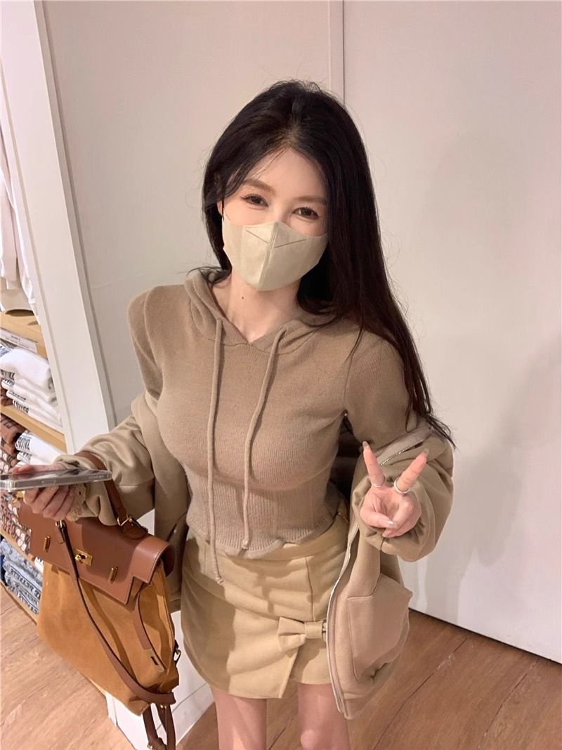 純欲甜辣妹y2k魚骨上衣女秋冬連帽針織打底衫內搭美拉德毛衣外套