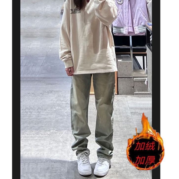 加絨加厚小眾設計感直筒牛仔褲女春秋新款高腰寬鬆顯瘦闊腿褲長褲